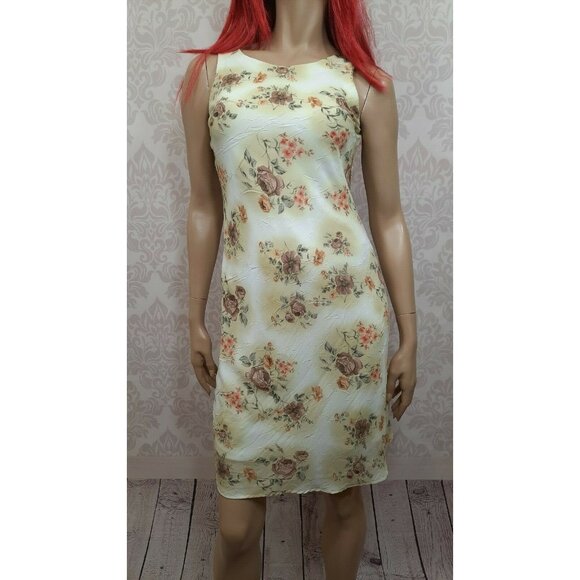 Vintage 90s Floral Dress Size S Sleeveless Crinkle Fabric Beige Brown Above Knee - Picture 2 of 11